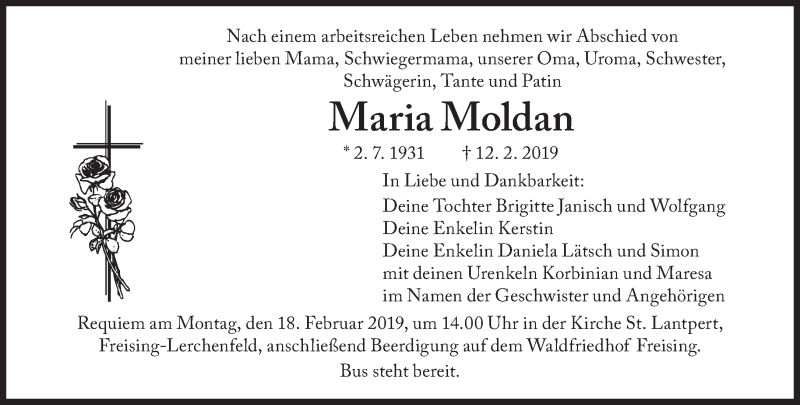 Traueranzeige für Maria Moldan vom 16.02.2019 aus Süddeutsche Zeitung