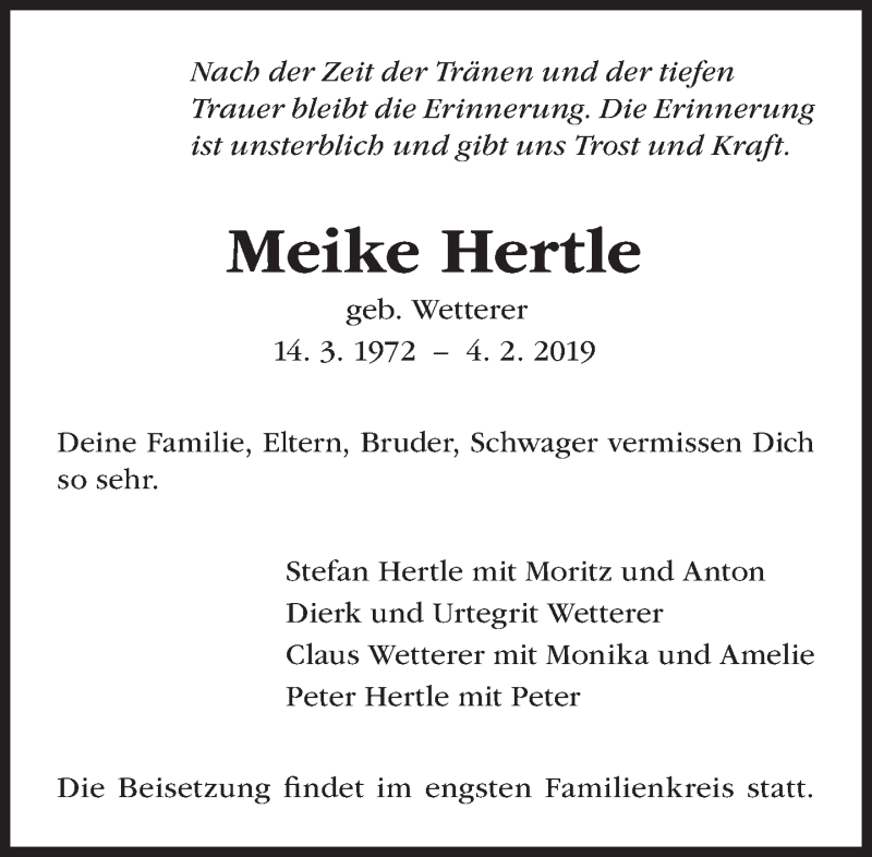  Traueranzeige für Meike Hertle vom 09.02.2019 aus Süddeutsche Zeitung