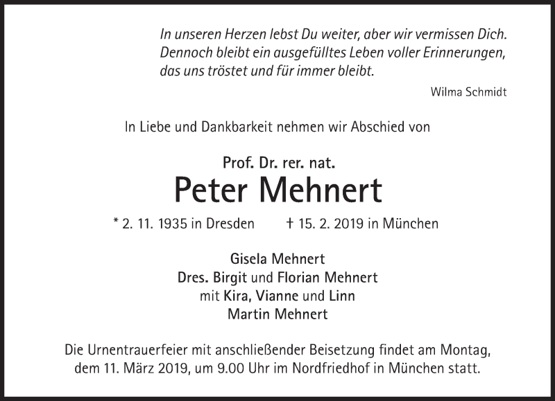  Traueranzeige für Peter Mehnert vom 23.02.2019 aus Süddeutsche Zeitung