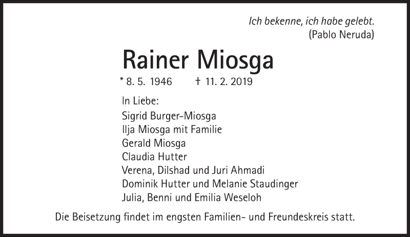  Traueranzeige für Rainer Miosga vom 16.02.2019 aus Süddeutsche Zeitung