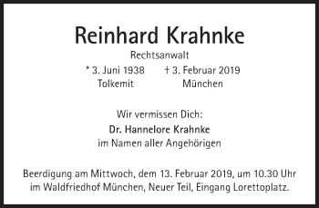 Traueranzeige von Reinhard Krahnke von Süddeutsche Zeitung