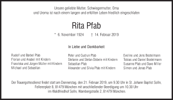 Traueranzeige von Rita Pfab von Süddeutsche Zeitung