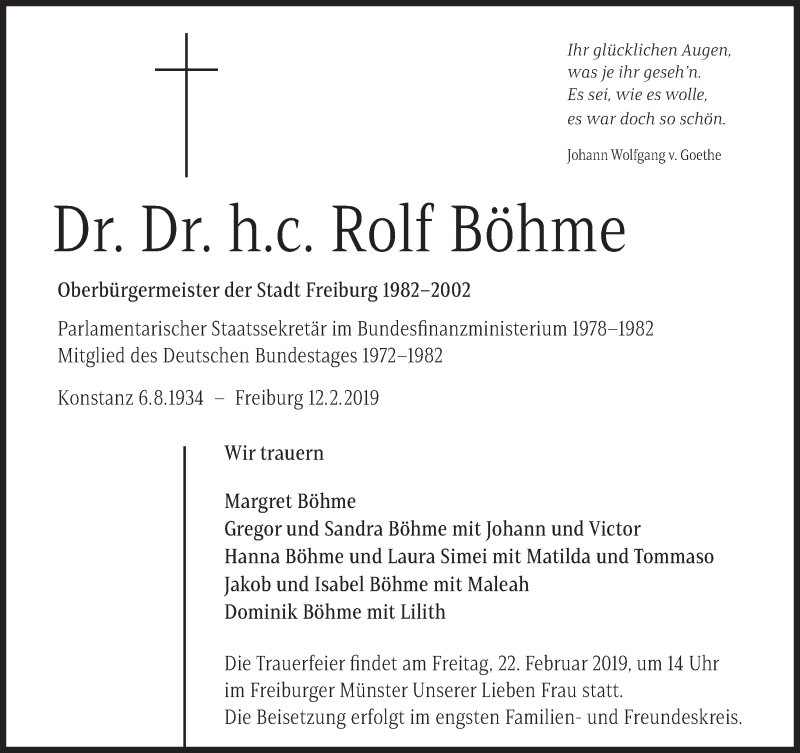  Traueranzeige für Rolf Böhme vom 16.02.2019 aus Süddeutsche Zeitung