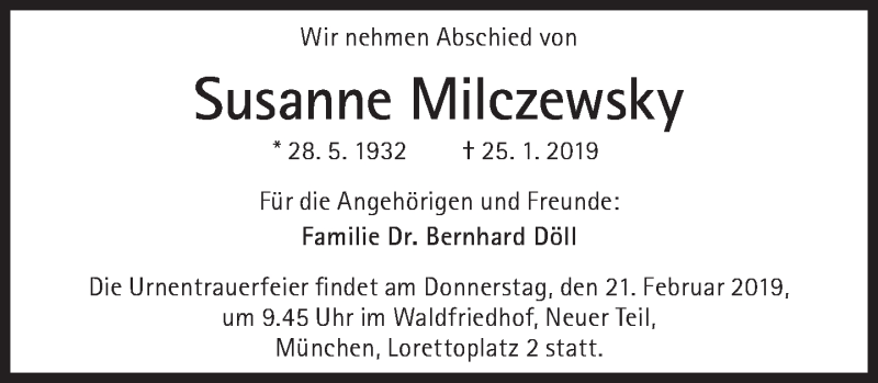  Traueranzeige für Susanne Milczewsky vom 16.02.2019 aus Süddeutsche Zeitung