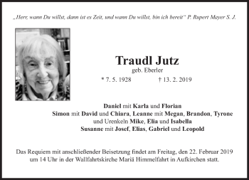 Traueranzeige von Traudl Jutz von Süddeutsche Zeitung