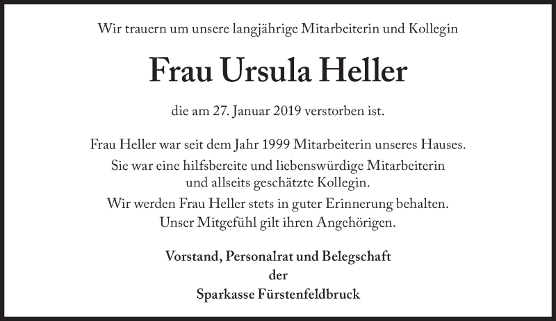  Traueranzeige für Ursula Heller vom 04.02.2019 aus Süddeutsche Zeitung