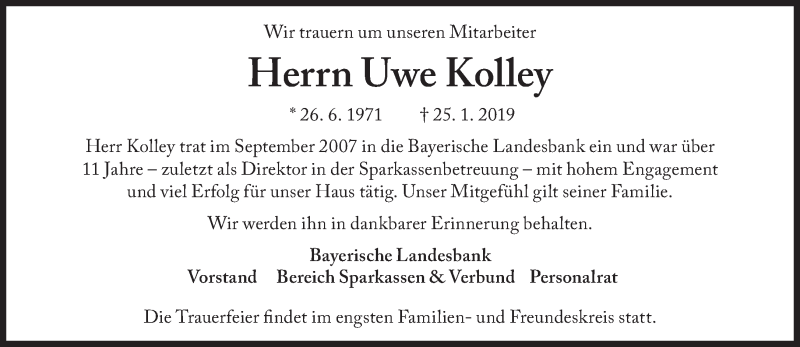  Traueranzeige für Uwe Kolley vom 06.02.2019 aus Süddeutsche Zeitung