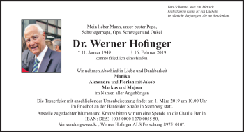 Traueranzeige von Werner Hofinger von Süddeutsche Zeitung