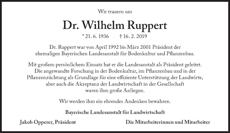  Traueranzeige für Wilhelm Ruppert vom 20.02.2019 aus Süddeutsche Zeitung