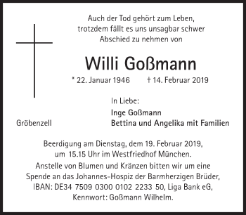 Traueranzeige von Willi Goßmann von Süddeutsche Zeitung