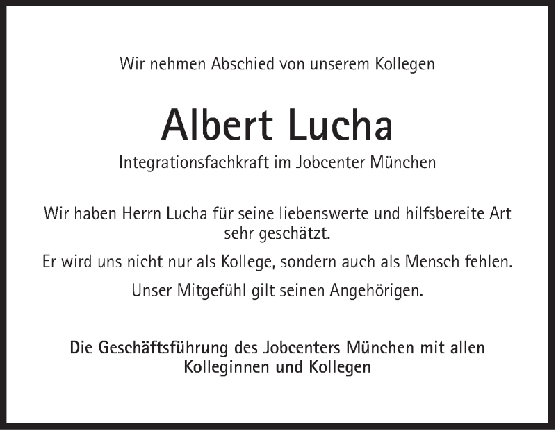  Traueranzeige für Albert Lucha vom 23.03.2019 aus Süddeutsche Zeitung