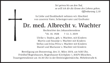 Traueranzeige von Albrecht v. Wachter von Süddeutsche Zeitung
