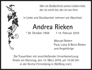 Traueranzeige von Andrea Rieken von Süddeutsche Zeitung