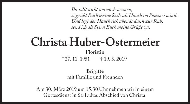  Traueranzeige für Christa Huber-Ostermeier vom 27.03.2019 aus Süddeutsche Zeitung