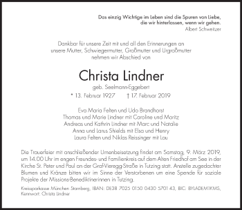 Traueranzeige von Christa Lindner von Süddeutsche Zeitung