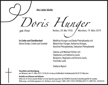 Traueranzeige von Doris Hunger von Süddeutsche Zeitung