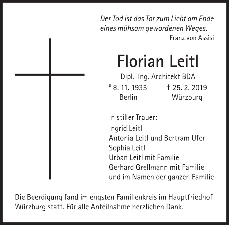  Traueranzeige für Florian Leitl vom 16.03.2019 aus Süddeutsche Zeitung