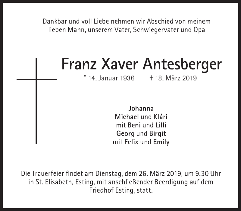  Traueranzeige für Franz Xaver Antesberger vom 23.03.2019 aus Süddeutsche Zeitung