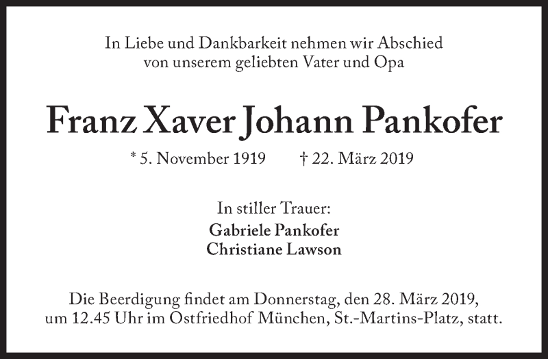  Traueranzeige für Franz Xaver Johann Pankofer vom 26.03.2019 aus Süddeutsche Zeitung
