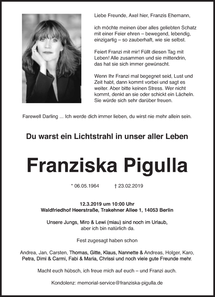  Traueranzeige für Franziska Pigulla vom 09.03.2019 aus Süddeutsche Zeitung