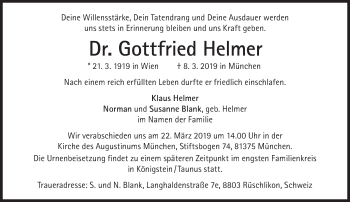 Traueranzeige von Gottfried Helmer von Süddeutsche Zeitung