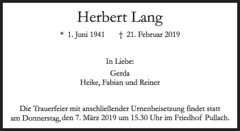 Traueranzeige von Herbert Lang von Süddeutsche Zeitung
