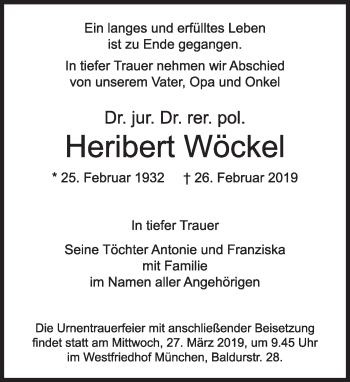 Traueranzeige von Heribert Wöckel von Süddeutsche Zeitung