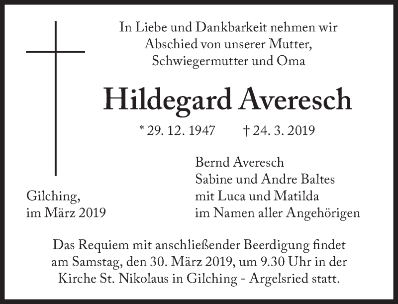  Traueranzeige für Hildegard Averesch vom 27.03.2019 aus Süddeutsche Zeitung