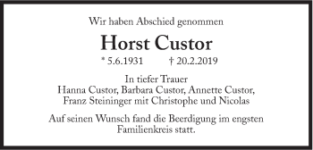 Traueranzeige von Horst Custor von Süddeutsche Zeitung