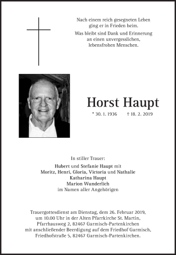 Traueranzeige von Horst Haupt von Süddeutsche Zeitung