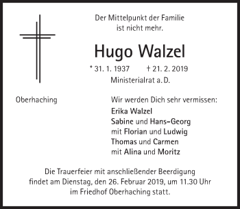 Traueranzeige von Hugo Walzel von Süddeutsche Zeitung