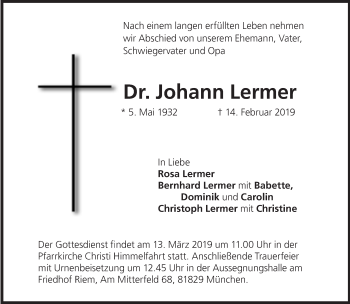Traueranzeige von Johann Lermer von Süddeutsche Zeitung