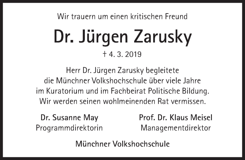  Traueranzeige für Jürgen Zarusky vom 09.03.2019 aus Süddeutsche Zeitung