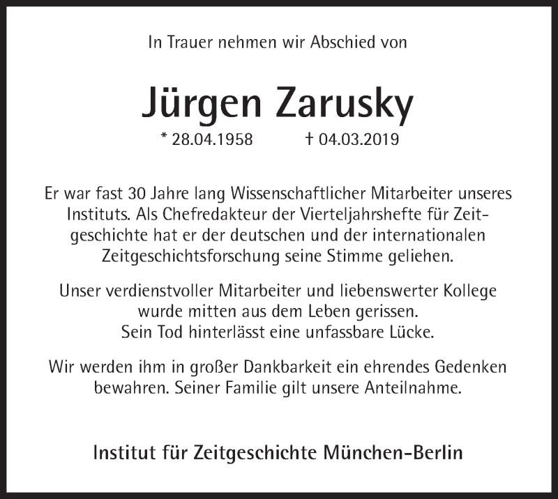  Traueranzeige für Jürgen Zarusky vom 08.03.2019 aus Süddeutsche Zeitung