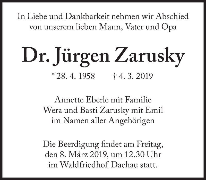  Traueranzeige für Jürgen Zarusky vom 06.03.2019 aus Süddeutsche Zeitung