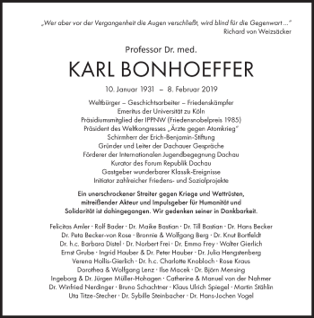 Traueranzeige von Karl Bonhoeffer von Süddeutsche Zeitung
