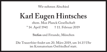 Traueranzeige von Karl Eugen Hintsches von Süddeutsche Zeitung