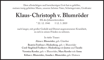 Traueranzeige von Klaus-Christoph v. Blumröder von Süddeutsche Zeitung