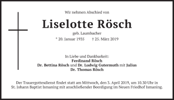 Traueranzeige von Liselotte Rösch von Süddeutsche Zeitung