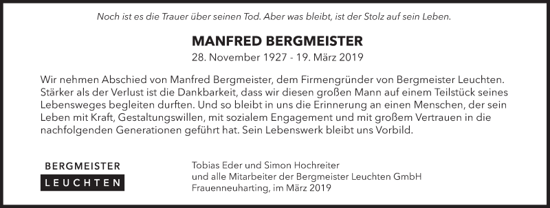  Traueranzeige für Manfred Bergmeister vom 23.03.2019 aus Süddeutsche Zeitung