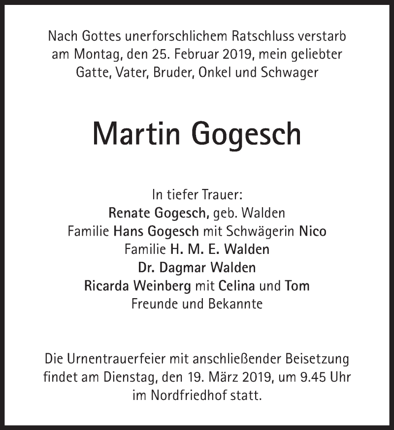  Traueranzeige für Martin Gogesch vom 16.03.2019 aus Süddeutsche Zeitung