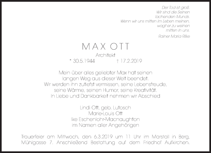  Traueranzeige für Max Ott vom 27.02.2019 aus Süddeutsche Zeitung