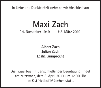 Traueranzeige von Maxi Zach von Süddeutsche Zeitung