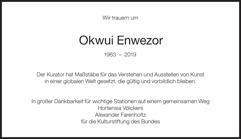  Traueranzeige für Okwui Enwezor vom 20.03.2019 aus Süddeutsche Zeitung