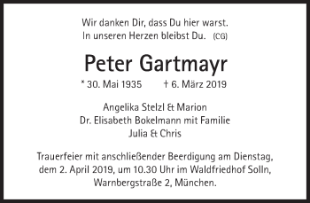 Traueranzeige von Peter Gartmayr von Süddeutsche Zeitung