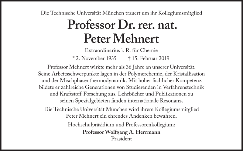  Traueranzeige für Peter Mehnert vom 26.02.2019 aus Süddeutsche Zeitung