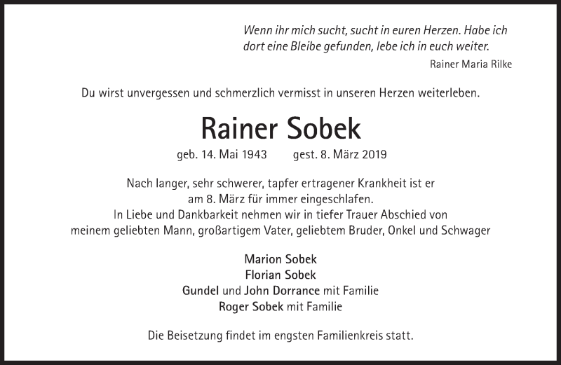  Traueranzeige für Rainer Sobek vom 16.03.2019 aus Süddeutsche Zeitung