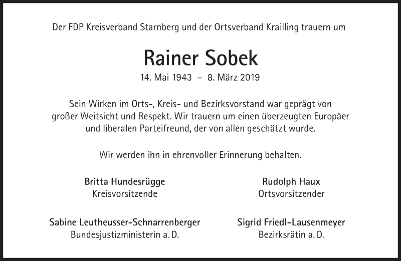  Traueranzeige für Rainer Sobek vom 16.03.2019 aus Süddeutsche Zeitung