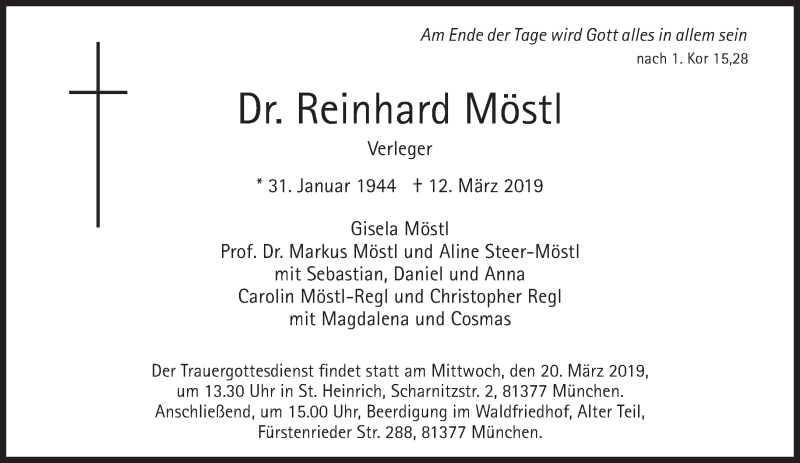  Traueranzeige für Reinhard Möstl vom 16.03.2019 aus Süddeutsche Zeitung