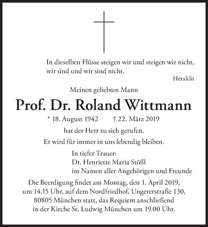 Traueranzeige für Roland Wittmann vom 30.03.2019 aus Süddeutsche Zeitung